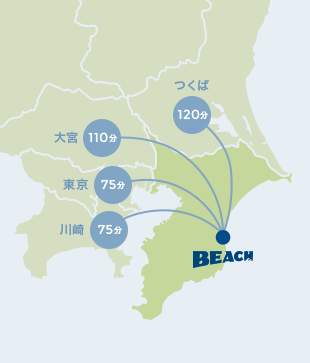 MAP(お車でお越しの方向け) つくばから:120分、大宮から:110分、東京から:75分、川崎から:75分